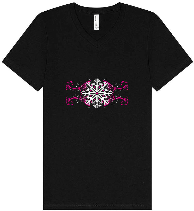 Pink Snowflake Swirls Unisex V-Neck Shirt