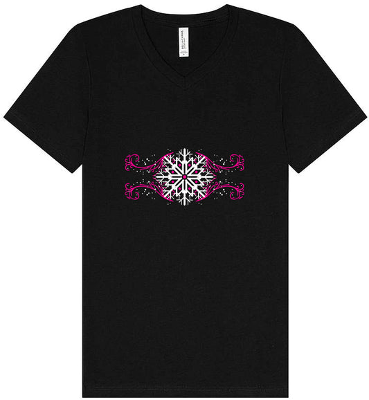 Pink Snowflake Swirls Unisex V-Neck Shirt
