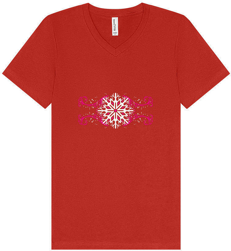 Pink Snowflake Swirls Unisex V-Neck Shirt