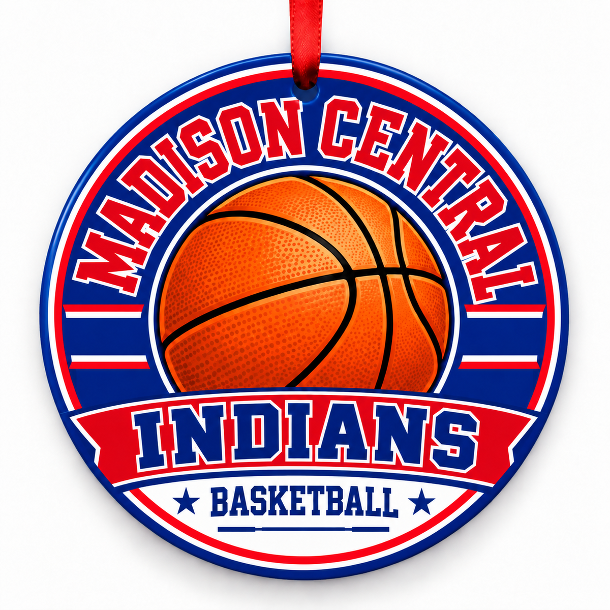 Madison Central High School Indians basketball ornament with red ribbon, RICHMOND Kentucky
