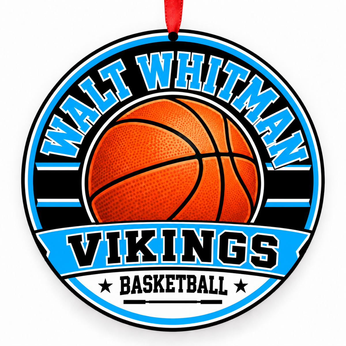 Walt Whitman High Vikings basketball ornament with red ribbon, Bethesda Maryland