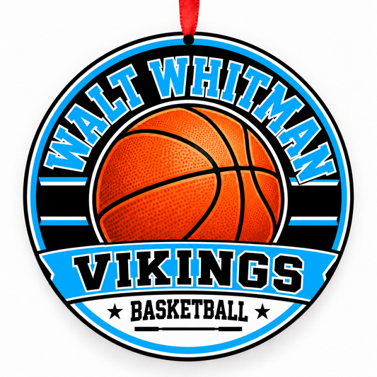 Walt Whitman High Vikings basketball ornament with red ribbon, Bethesda Maryland