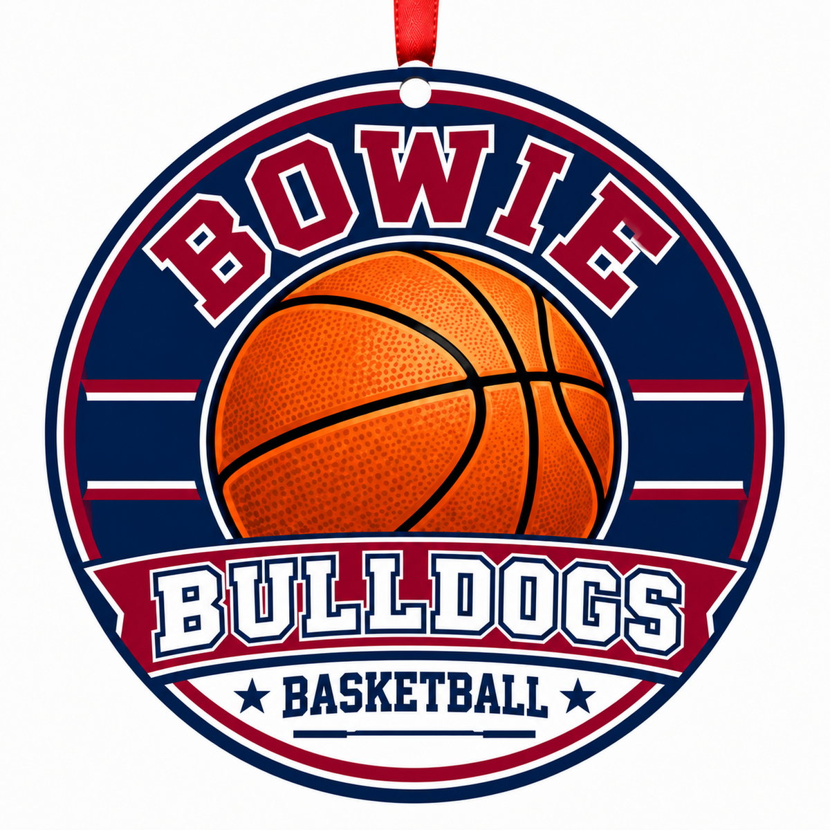 Bowie High Bulldogs basketball ornament in Burgundy; Navy | Official color names; numeric codes not established; no guessed hex values., Bowie Maryland