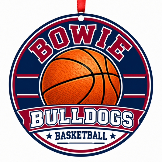 Bowie High Bulldogs basketball ornament in Burgundy; Navy | Official color names; numeric codes not established; no guessed hex values., Bowie Maryland