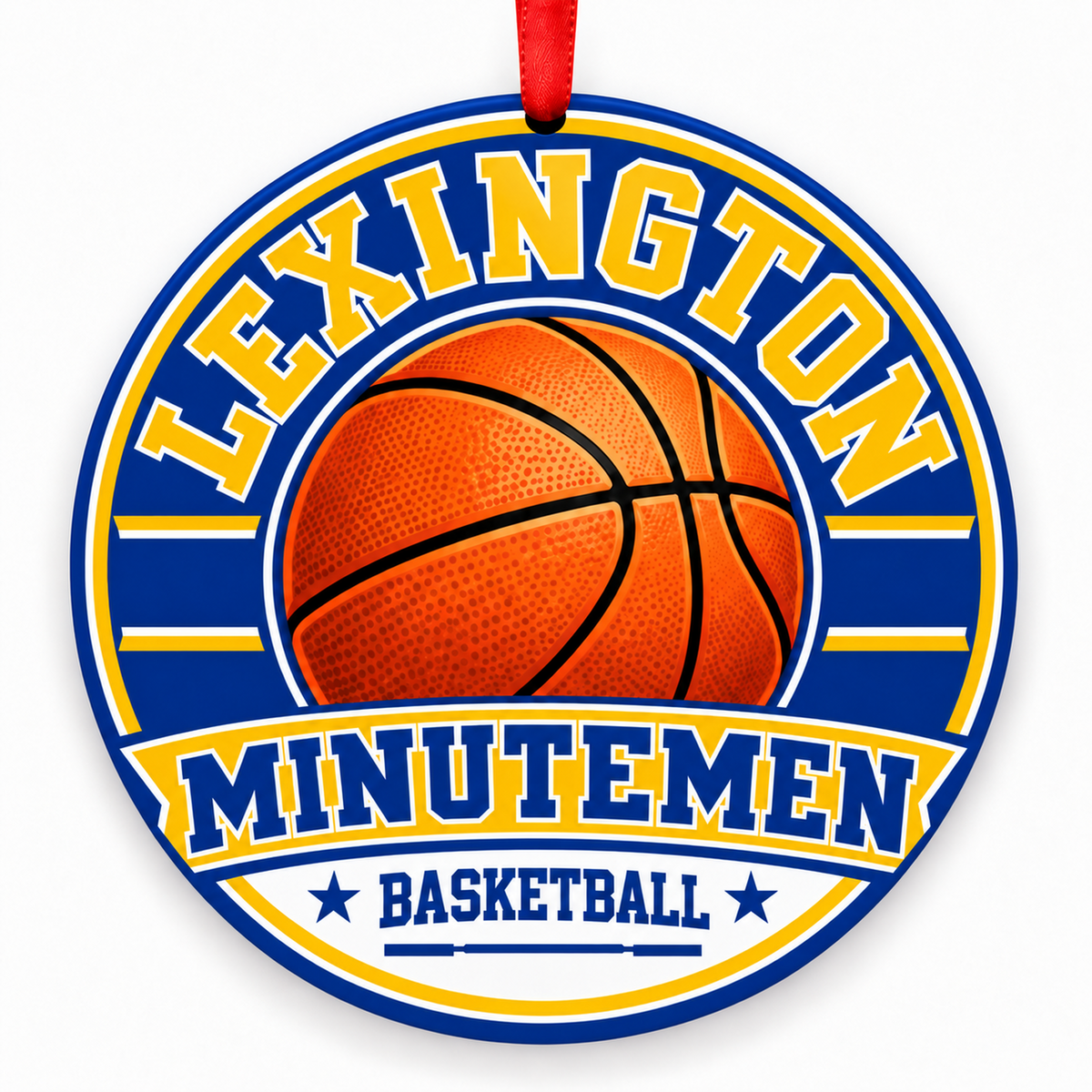 Lexington High School Minutemen basketball round Christmas ornament with red ribbon