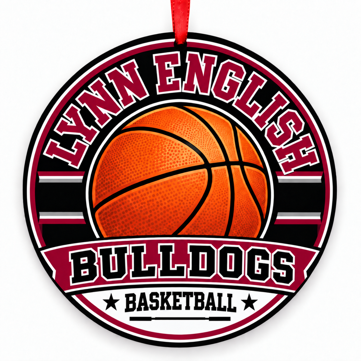Lynn English High Bulldogs basketball ornament with red ribbon, Lynn Massachusetts