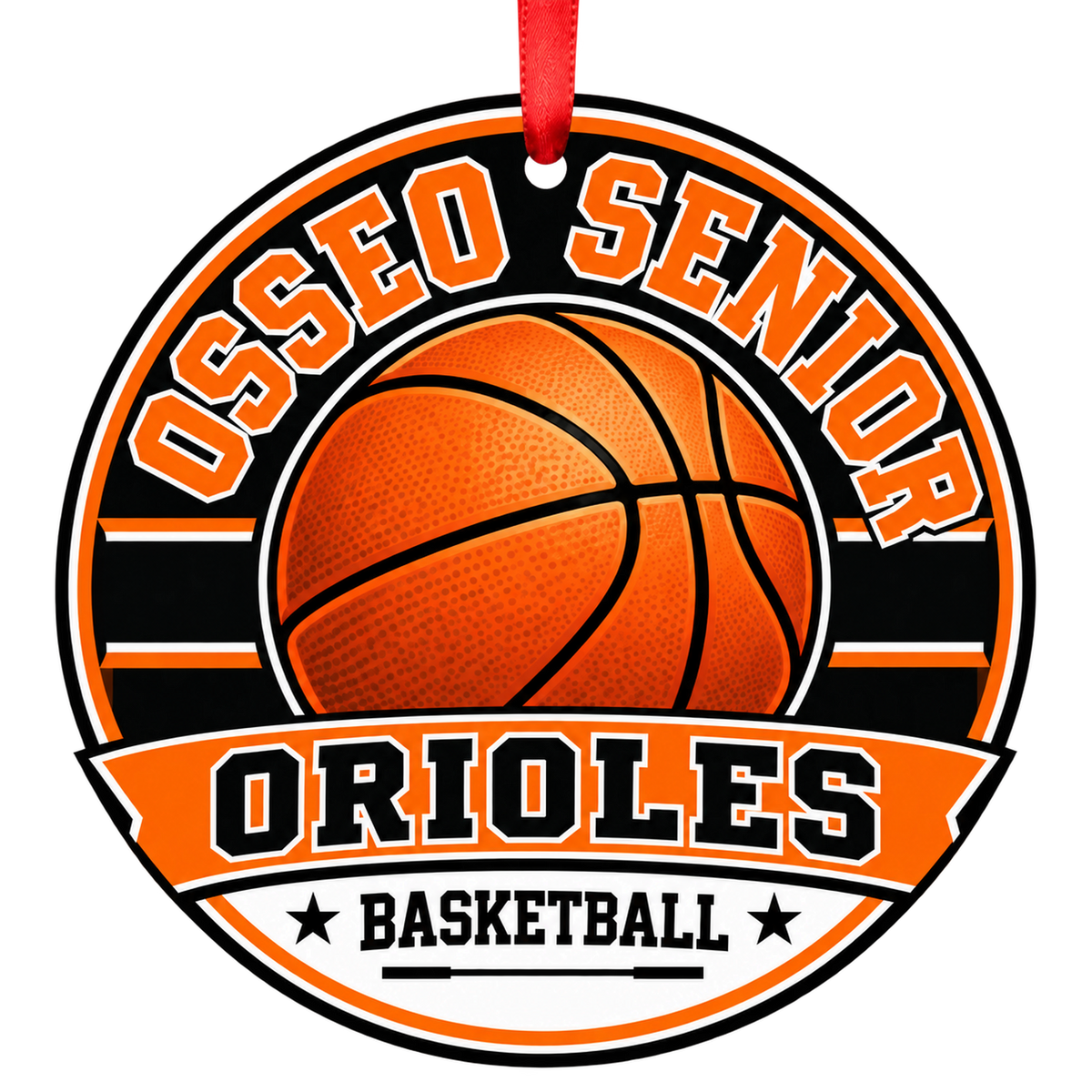 Osseo Senior High School Orioles basketball round Christmas ornament with red ribbon
