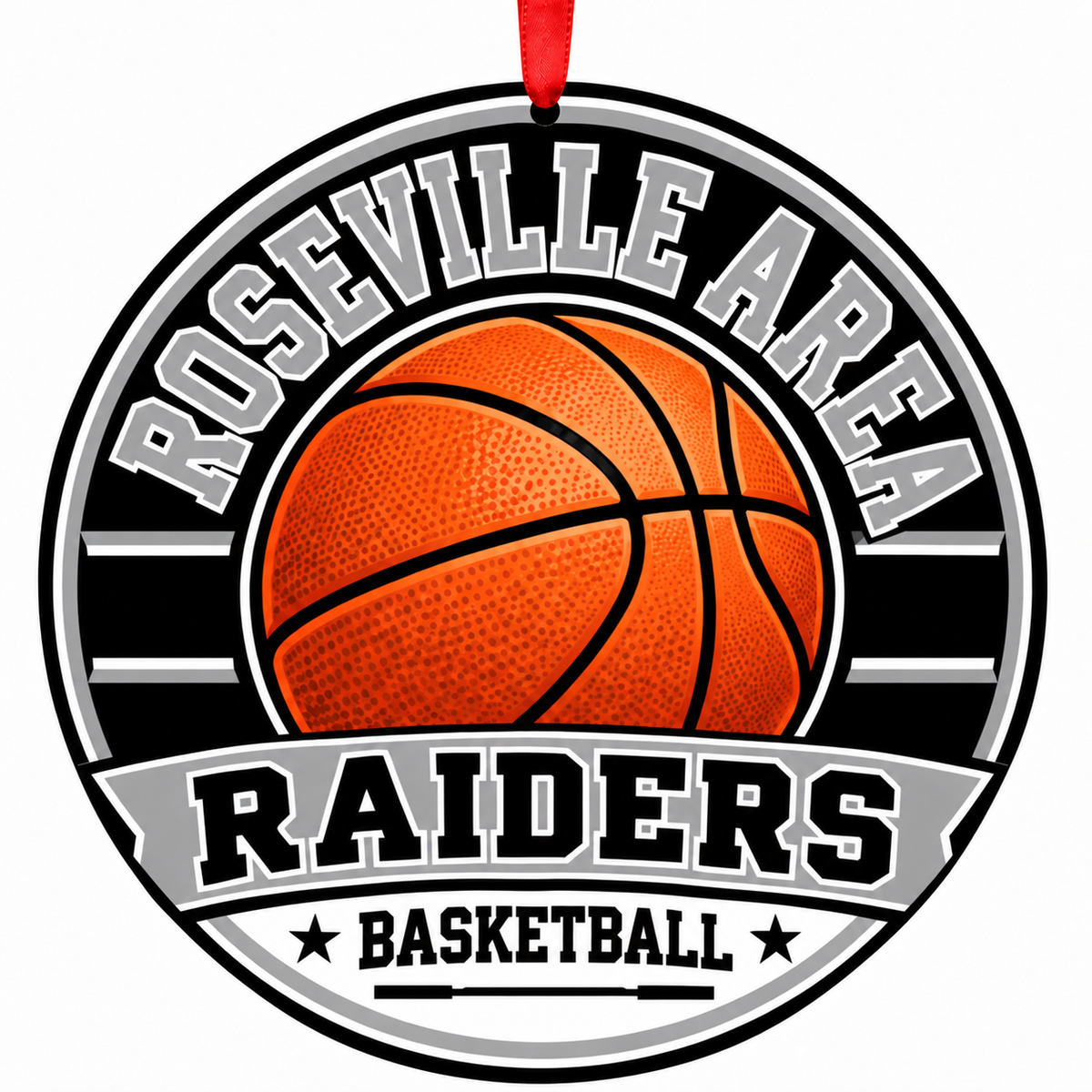 Roseville Area Senior High Raiders basketball ornament with red ribbon, Roseville Minnesota