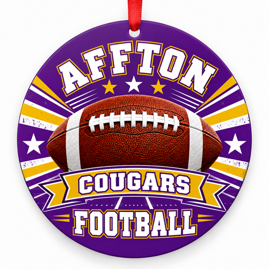 Affton High School Cougars Classic Football Christmas ornament in purple and gold with red hanging ribbon