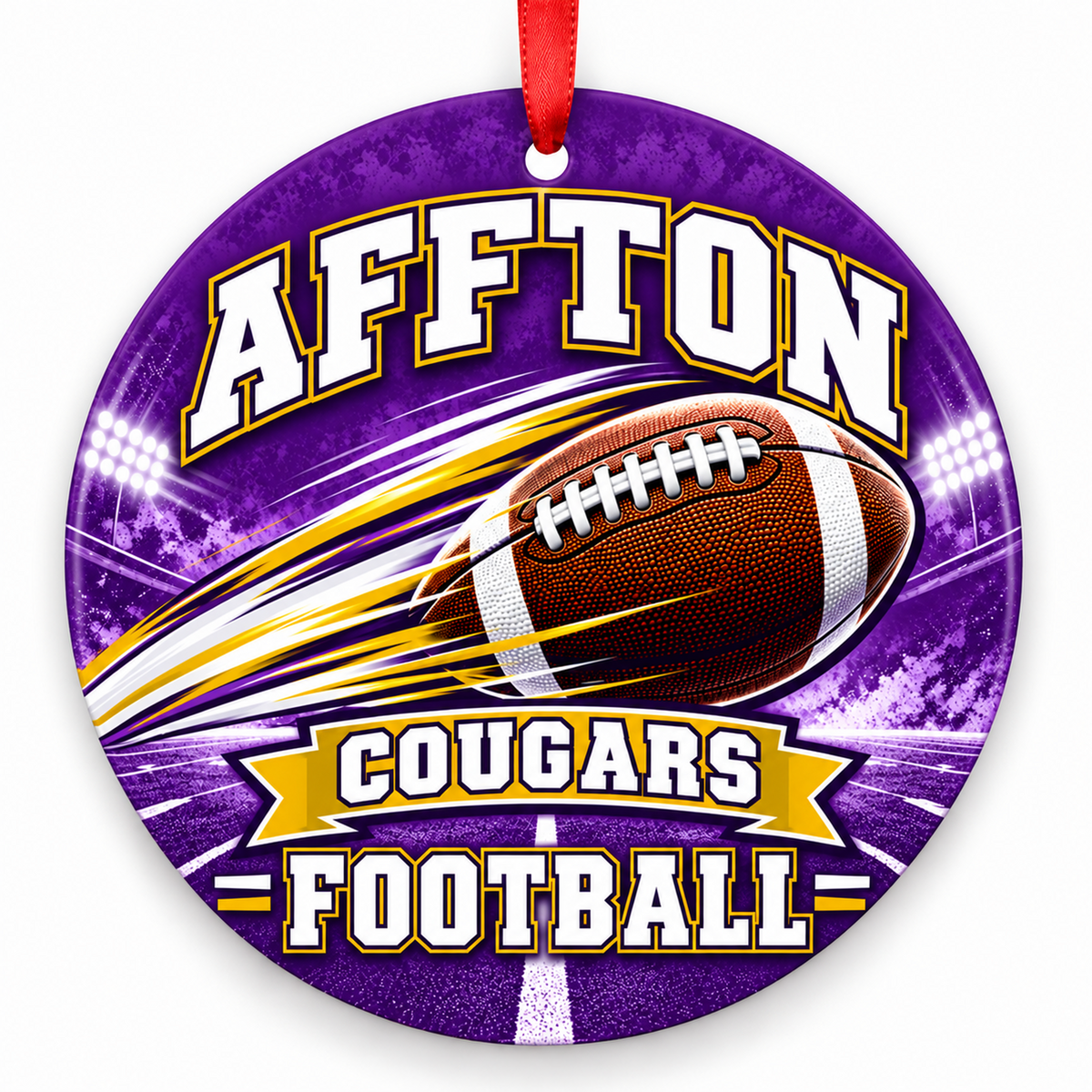 Affton High School Cougars Football in Motion Christmas ornament in purple and gold with red hanging ribbon