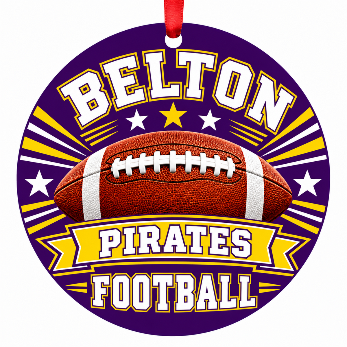 Belton Pirates Classic Football Christmas ornament in purple and gold with red hanging ribbon