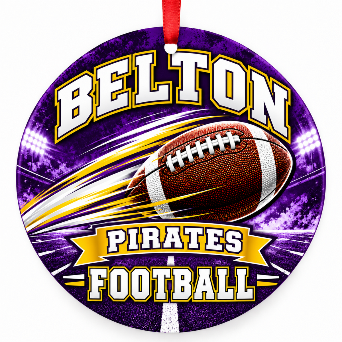 Belton Pirates Football in Motion Christmas ornament in purple and gold with red hanging ribbon