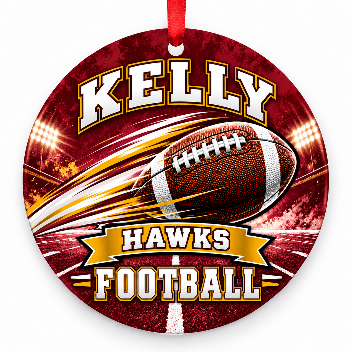 Thomas W. Kelly High School (Kelly) Hawks – Football in Motion 3-inch football ornament, BENTON, Missouri