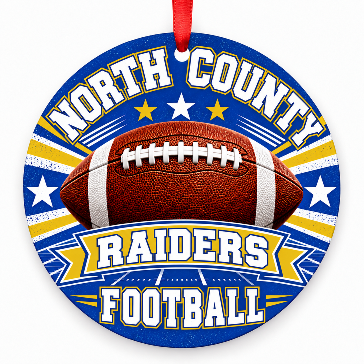 North County High School Raiders Classic Football Christmas ornament in royal blue and old gold with red hanging ribbon