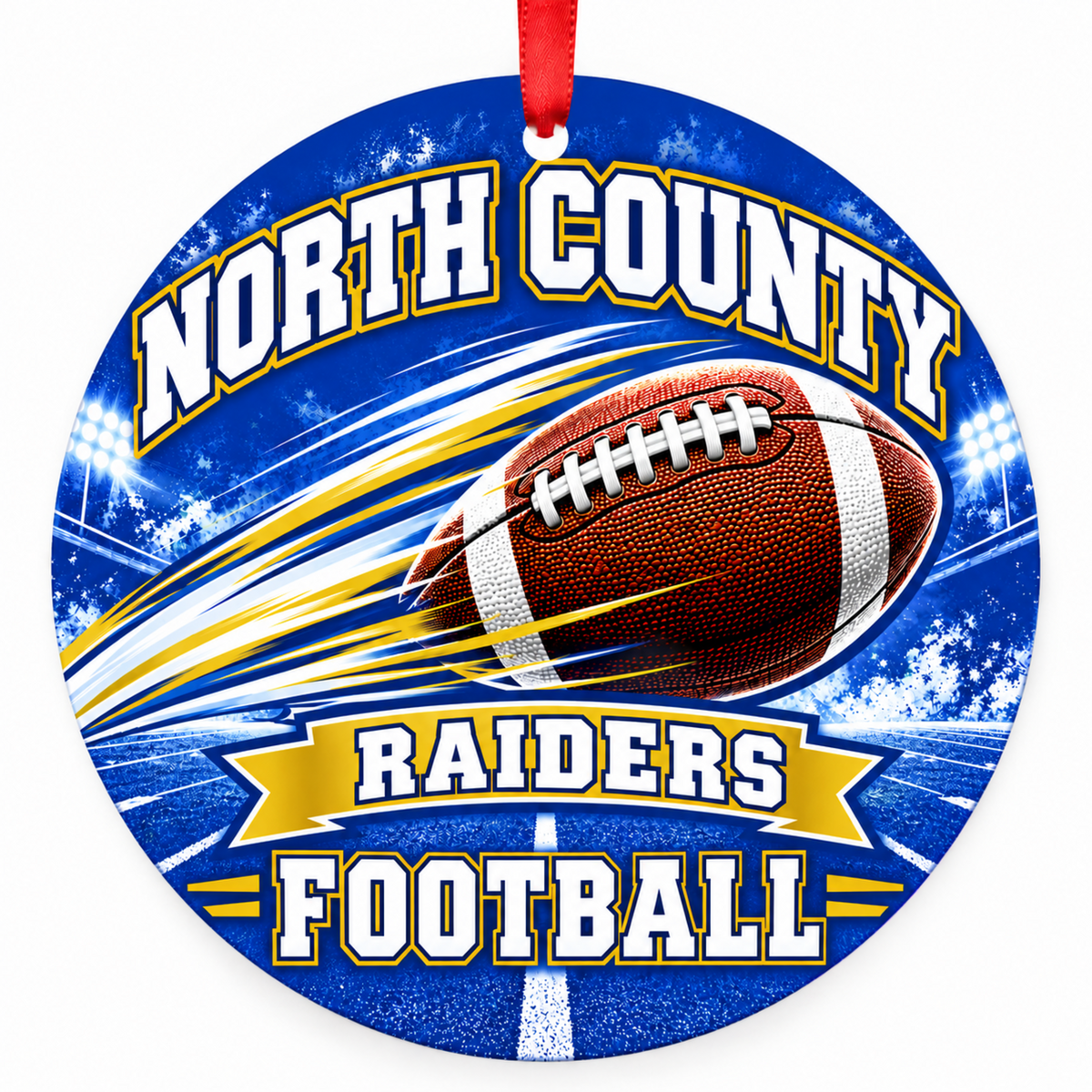 North County High School Raiders Football in Motion Christmas ornament in royal blue and old gold with red hanging ribbon