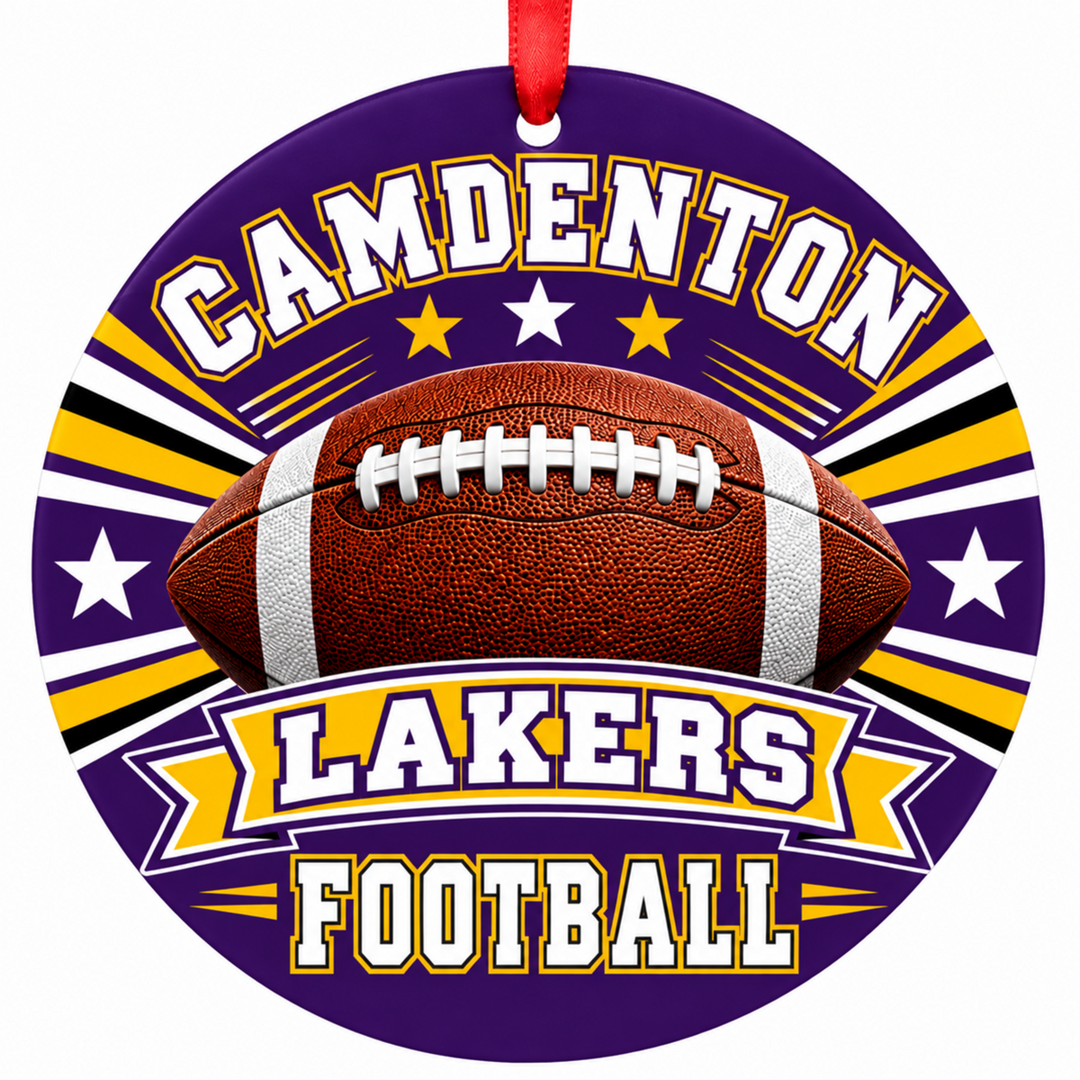 Camdenton Lakers Classic Football Christmas ornament in purple and gold with red ribbon, Missouri