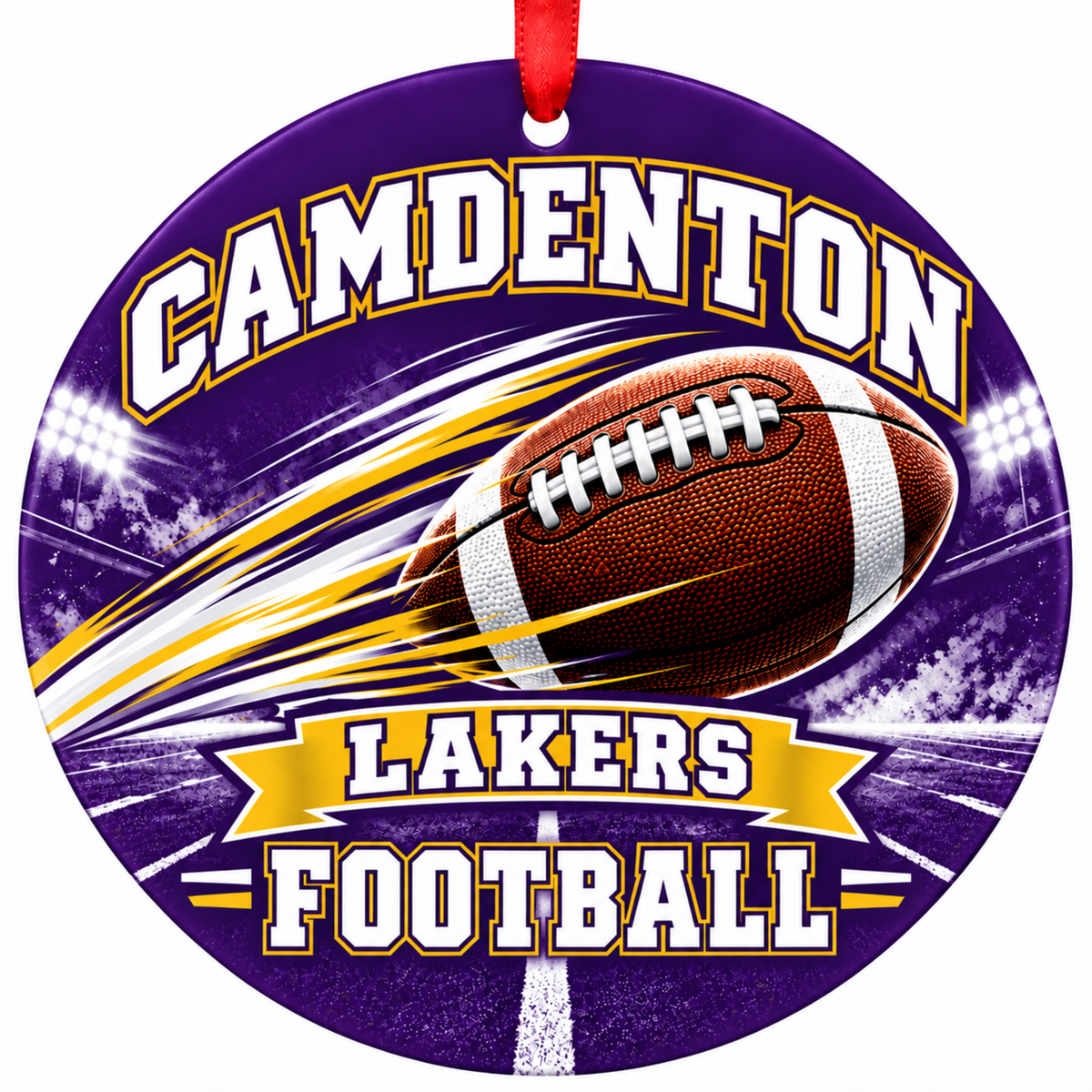 Camdenton Lakers Football in Motion Christmas ornament in purple and gold with red ribbon, Missouri