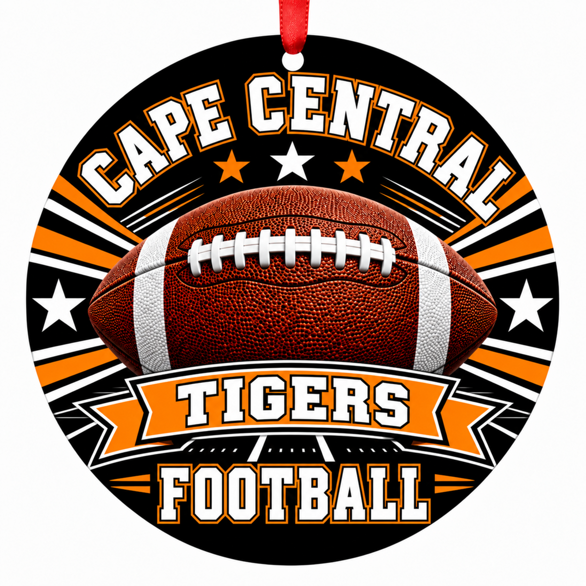 Cape Central Tigers Classic Football Christmas ornament in black, orange and white with red hanging ribbon
