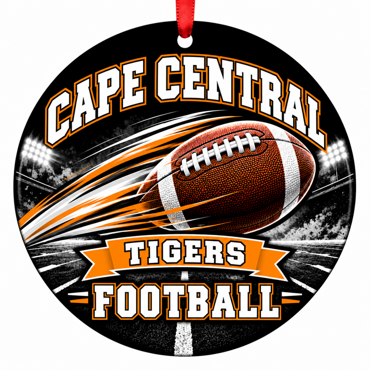 Cape Central Tigers Football in Motion Christmas ornament in black, orange and white with red hanging ribbon