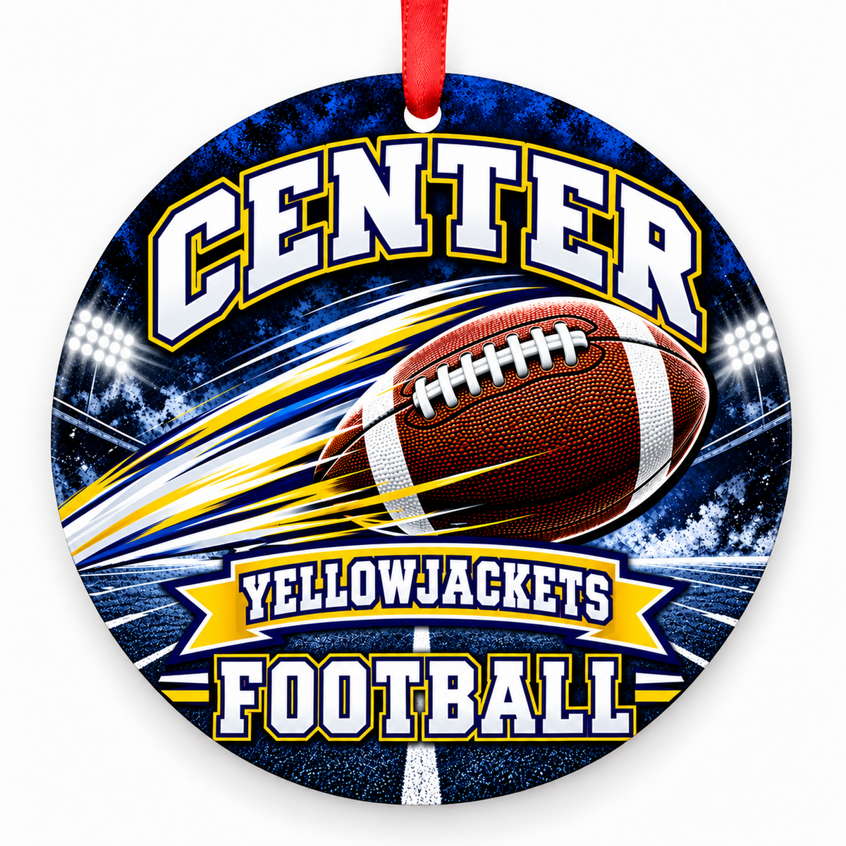 Center Sr. High Yellowjackets Football in Motion flat round 3-inch ornament