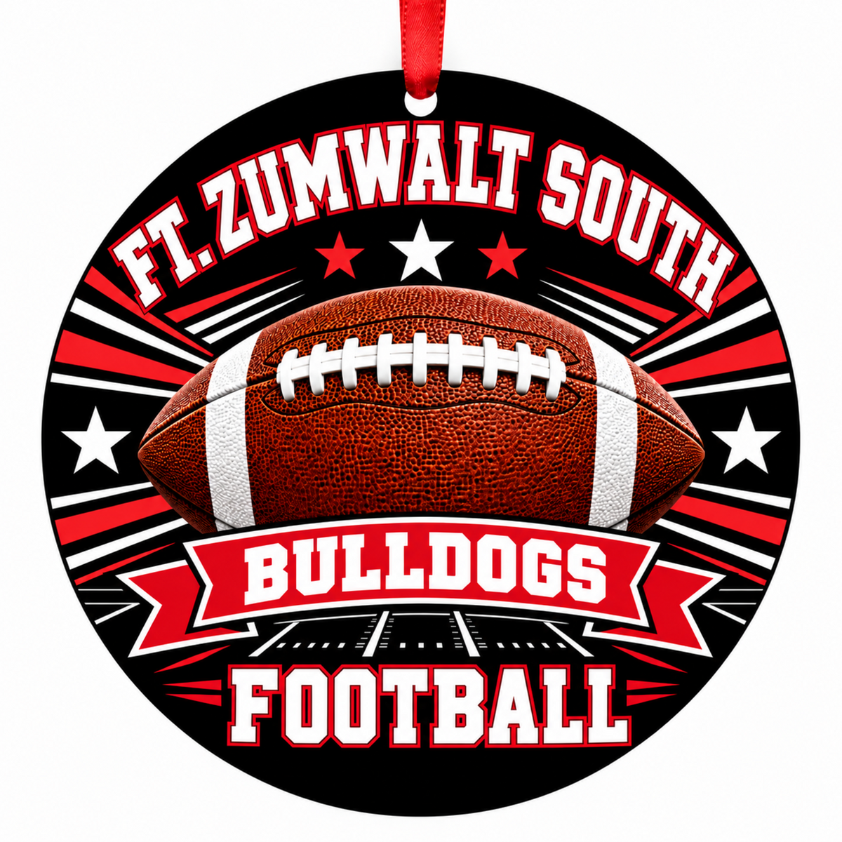 Ft. Zumwalt South High School Bulldogs Classic Football Christmas ornament in black, red and white with red hanging ribbon