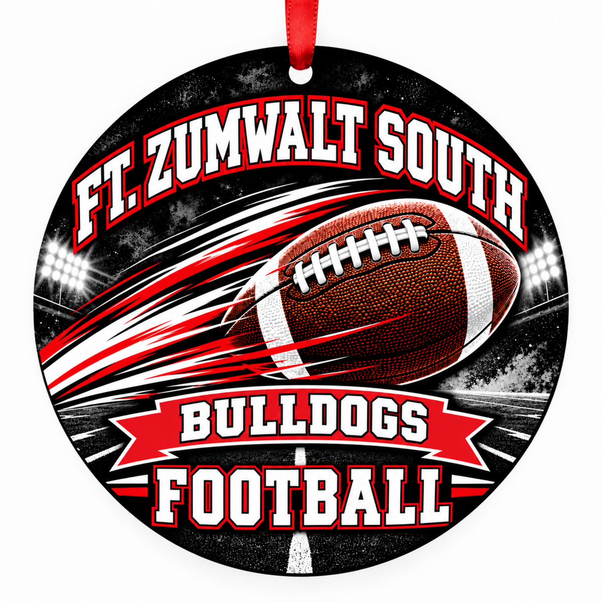 Ft. Zumwalt South High School Bulldogs Football in Motion Christmas ornament in black, red and white with red hanging ribbon