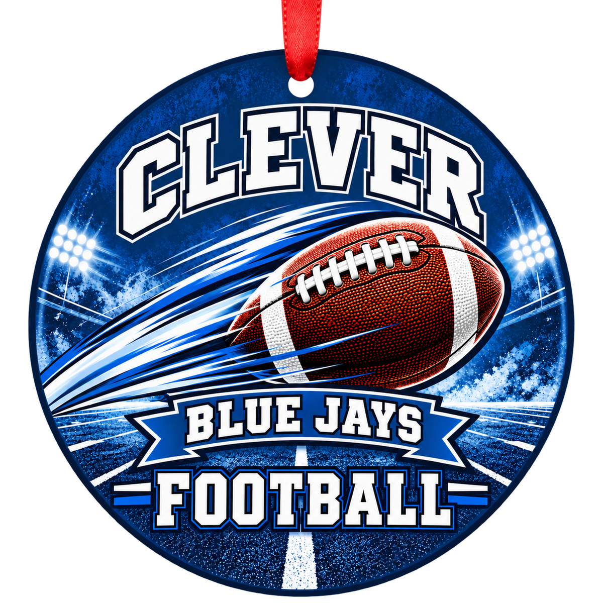 Clever High School Blue Jays – Football in Motion 3-inch football ornament, CLEVER, Missouri
