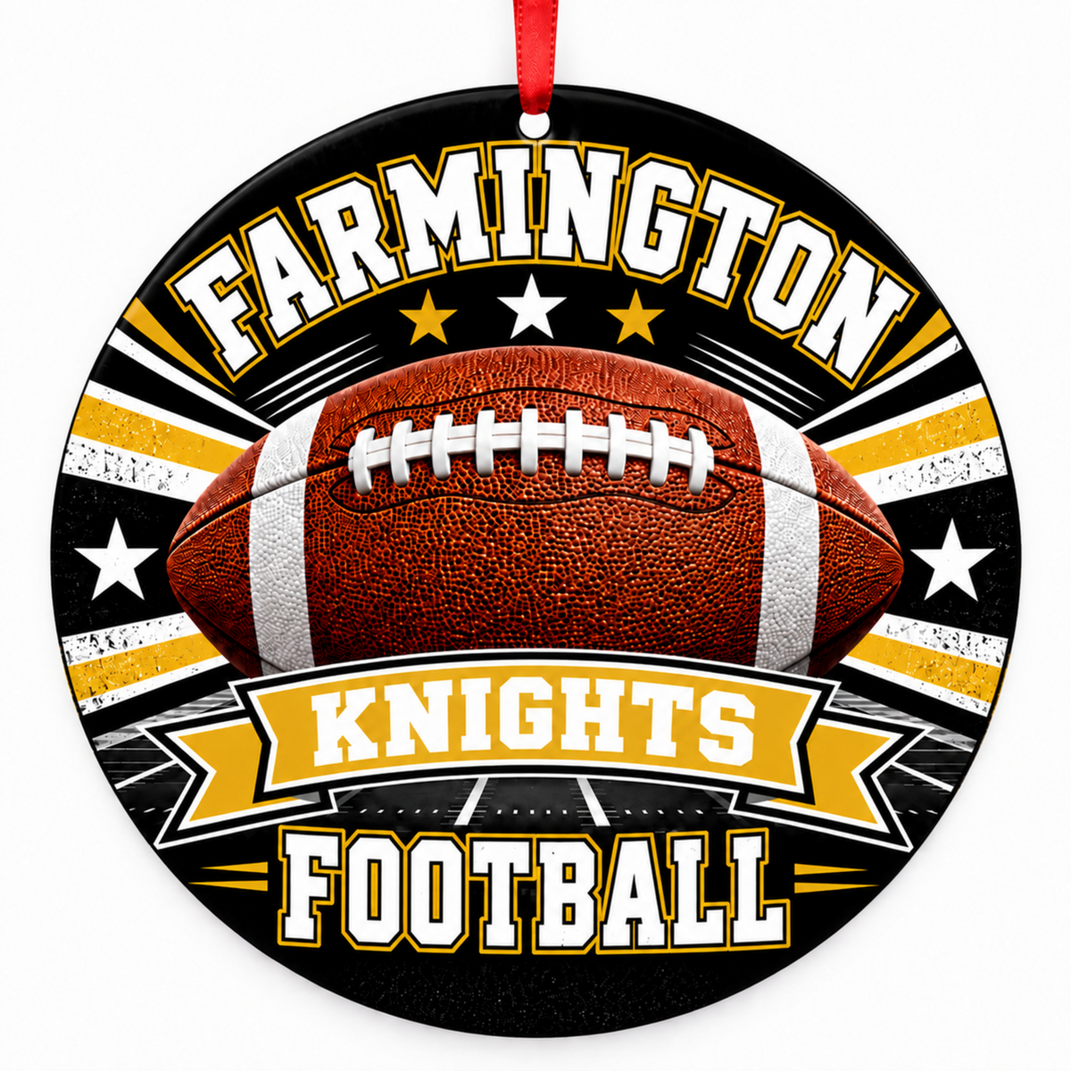 Farmington Knights Classic Football 3-inch round Christmas ornament in black and gold with red ribbon, Farmington Missouri
