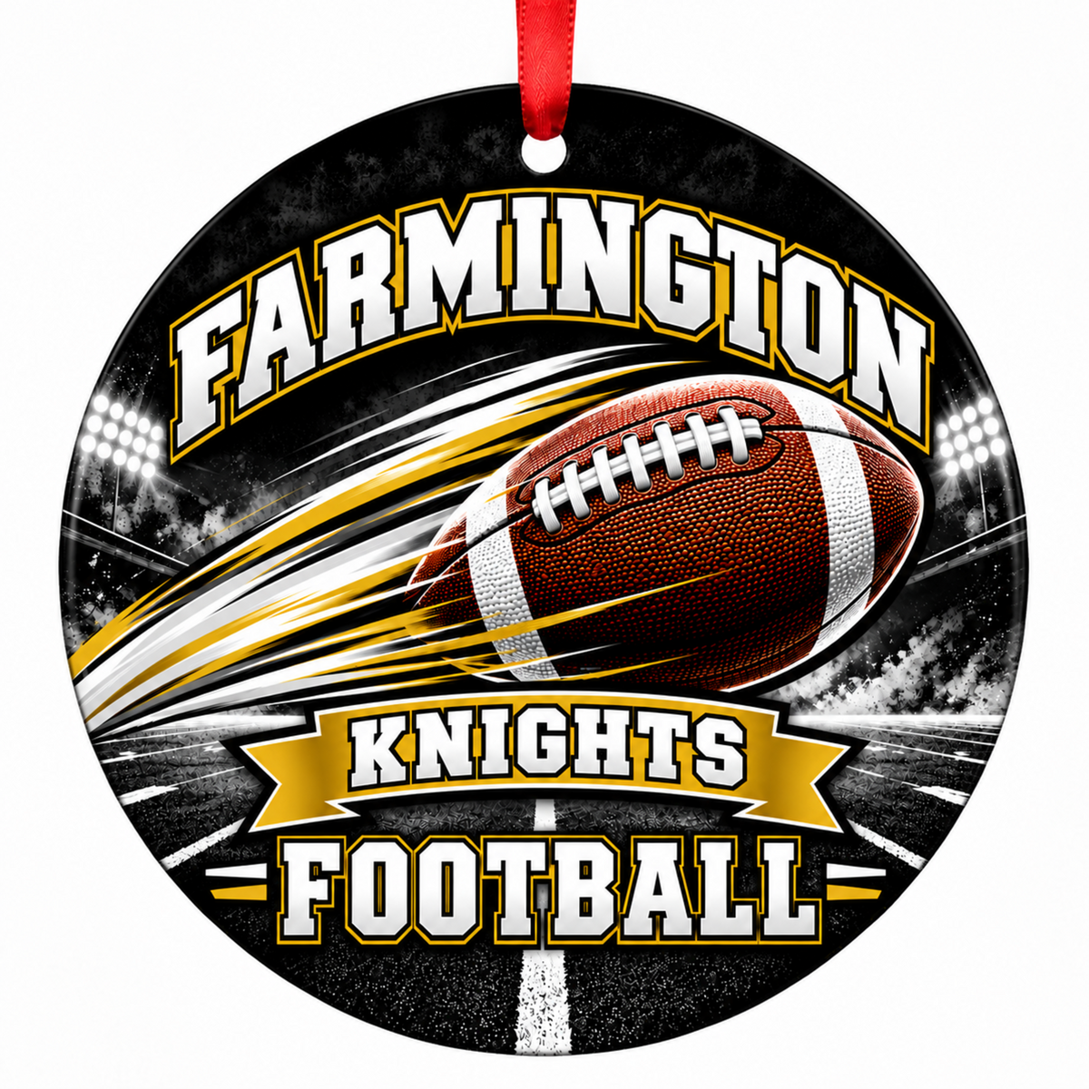 Farmington Knights Football in Motion 3-inch round Christmas ornament in black and gold with red ribbon, Farmington Missouri
