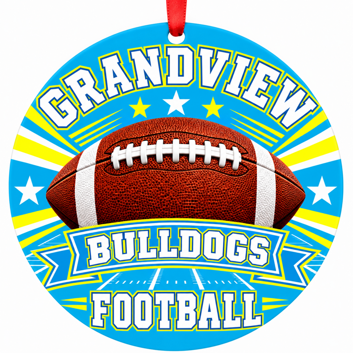Grandview High School Bulldogs Classic Football Christmas ornament in Columbia blue and gold with red hanging ribbon