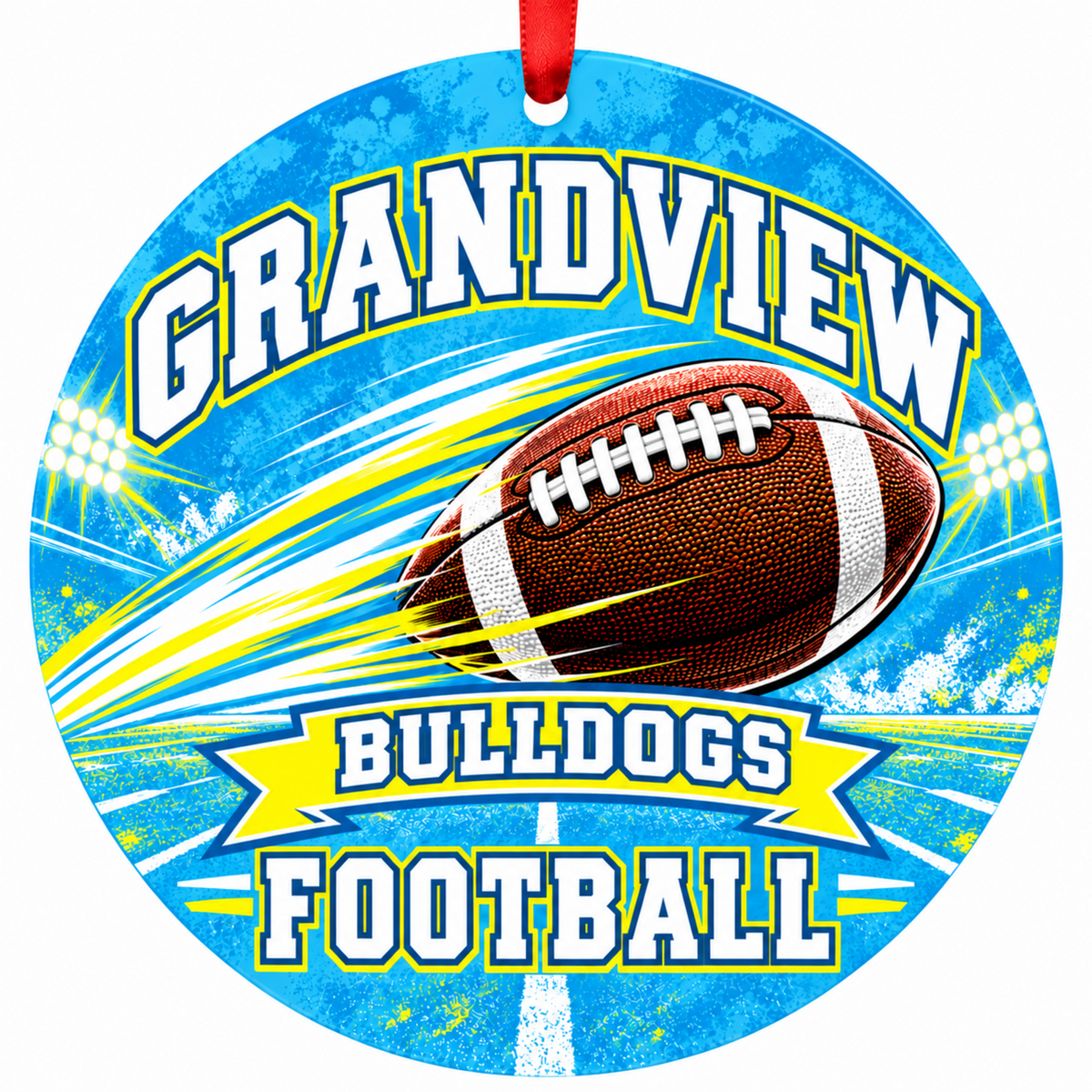 Grandview High School Bulldogs Football in Motion Christmas ornament in Columbia blue and gold with red hanging ribbon