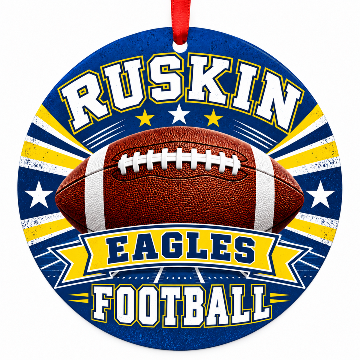 Ruskin Eagles Classic Football Christmas ornament in blue and gold with red ribbon, Kansas City Missouri