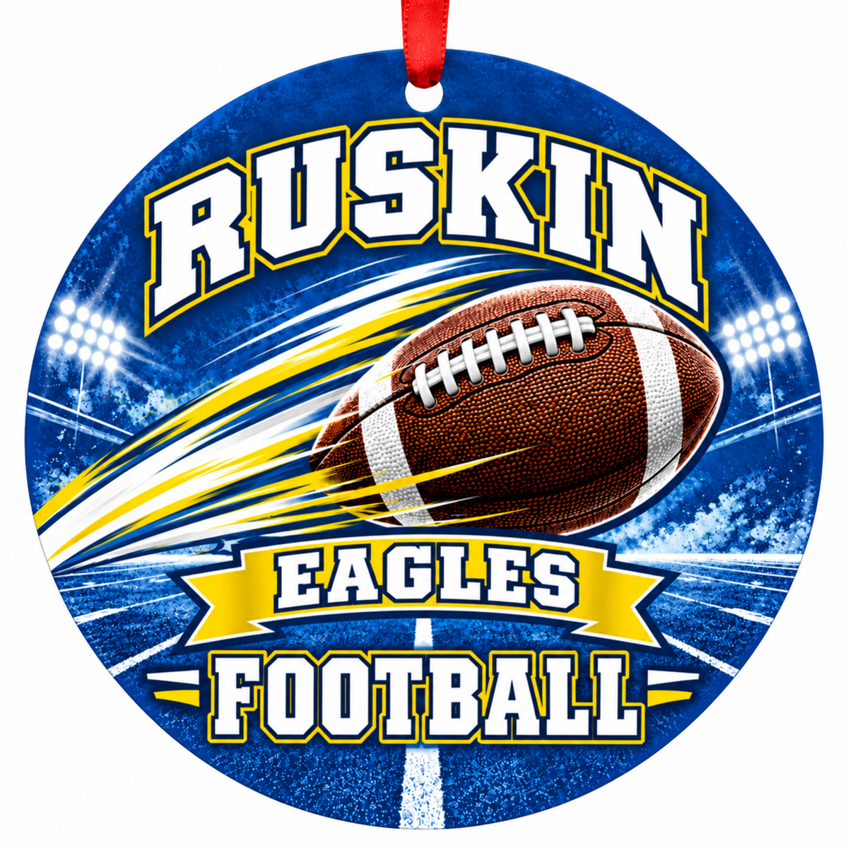 Ruskin Eagles Football in Motion Christmas ornament in blue and gold with red ribbon, Kansas City Missouri