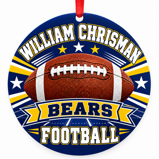William Chrisman Bears Classic Football 3-inch round Christmas ornament in navy and gold with red hanging ribbon, Independence Missouri
