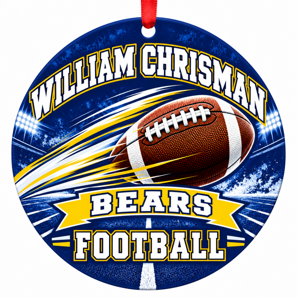 William Chrisman Bears Football in Motion 3-inch round Christmas ornament in navy and gold with red hanging ribbon, Independence Missouri