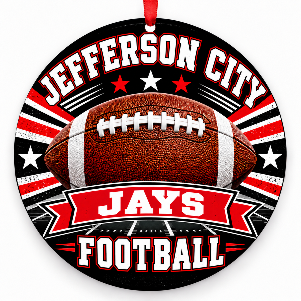 Jefferson City Jays Classic Football Christmas ornament in black and red with a red hanging ribbon