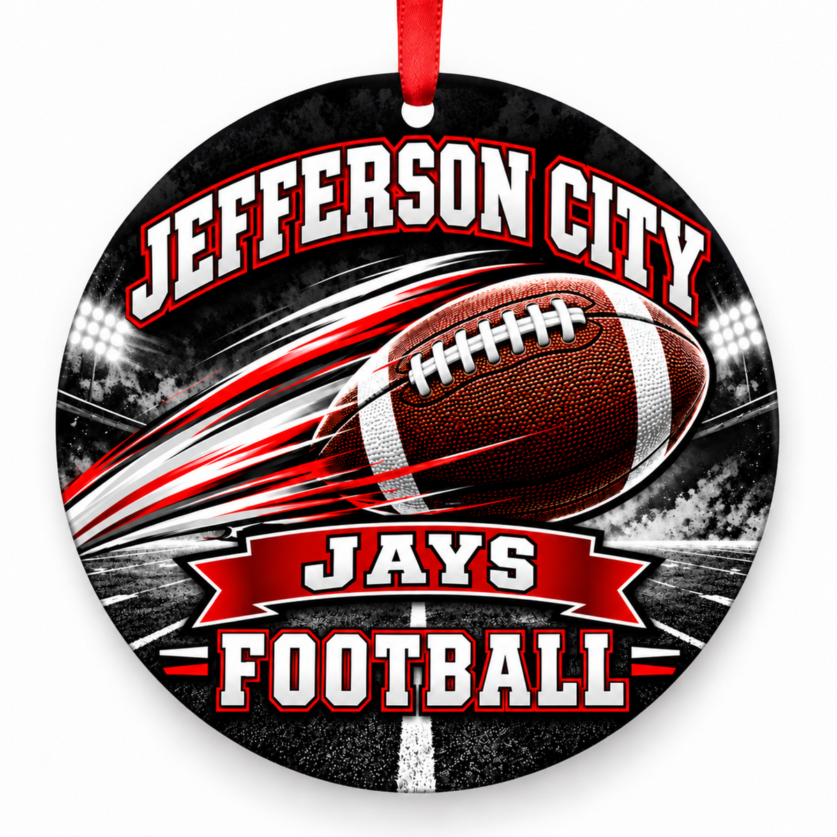 Jefferson City Jays Football in Motion Christmas ornament in black and red with a red hanging ribbon