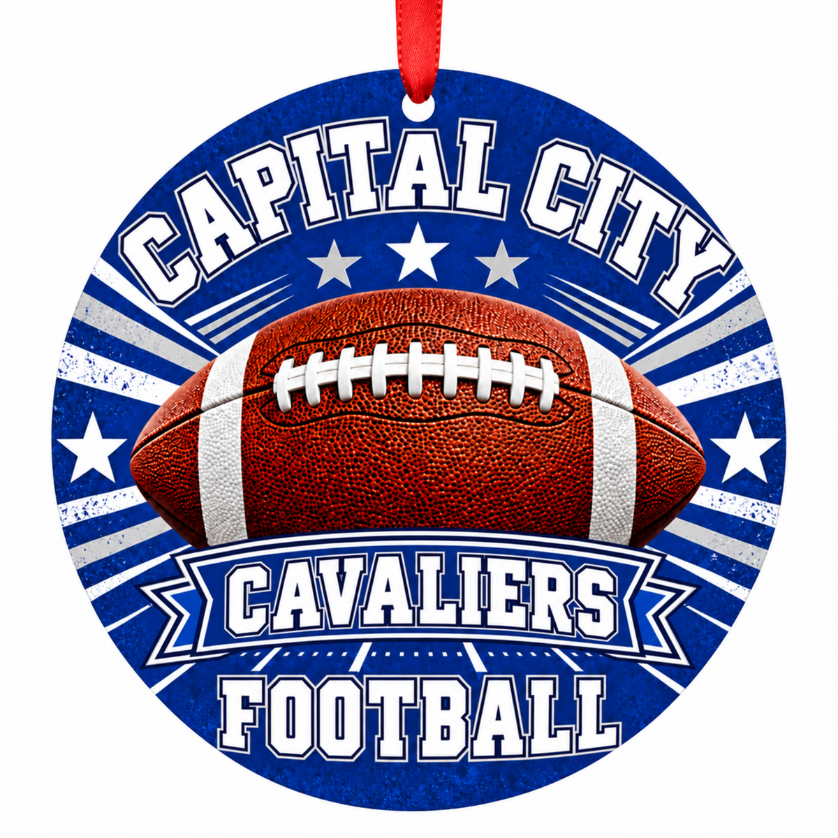 Capital City Cavaliers Classic Football Christmas ornament in royal blue and silver/white with red hanging ribbon