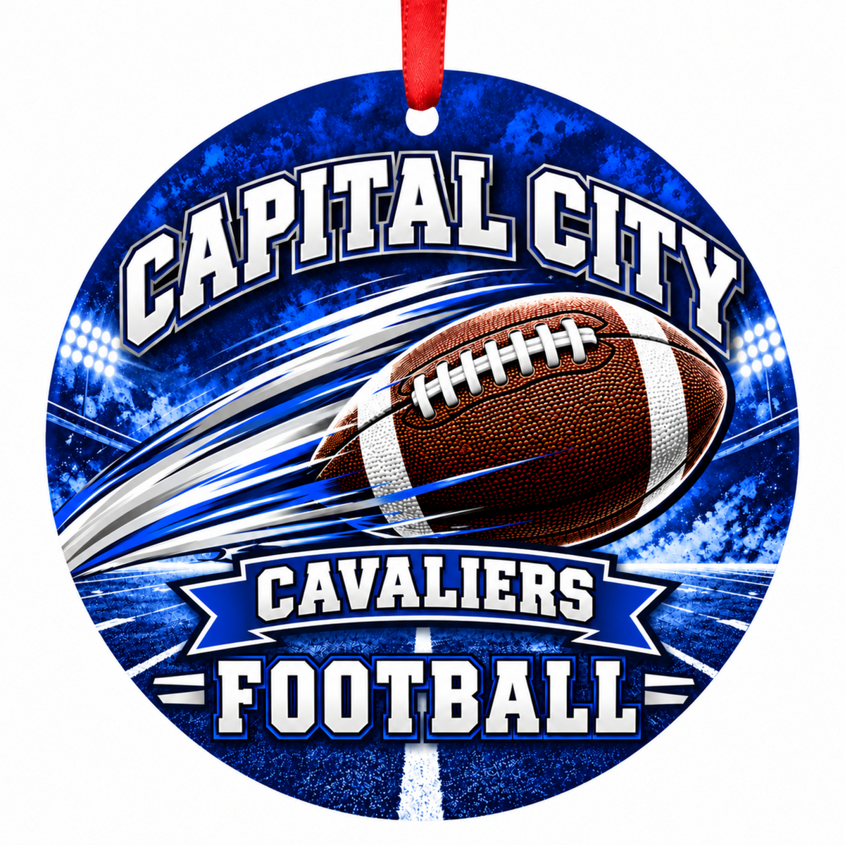 Capital City Cavaliers Football in Motion Christmas ornament in royal blue and silver/white with red hanging ribbon