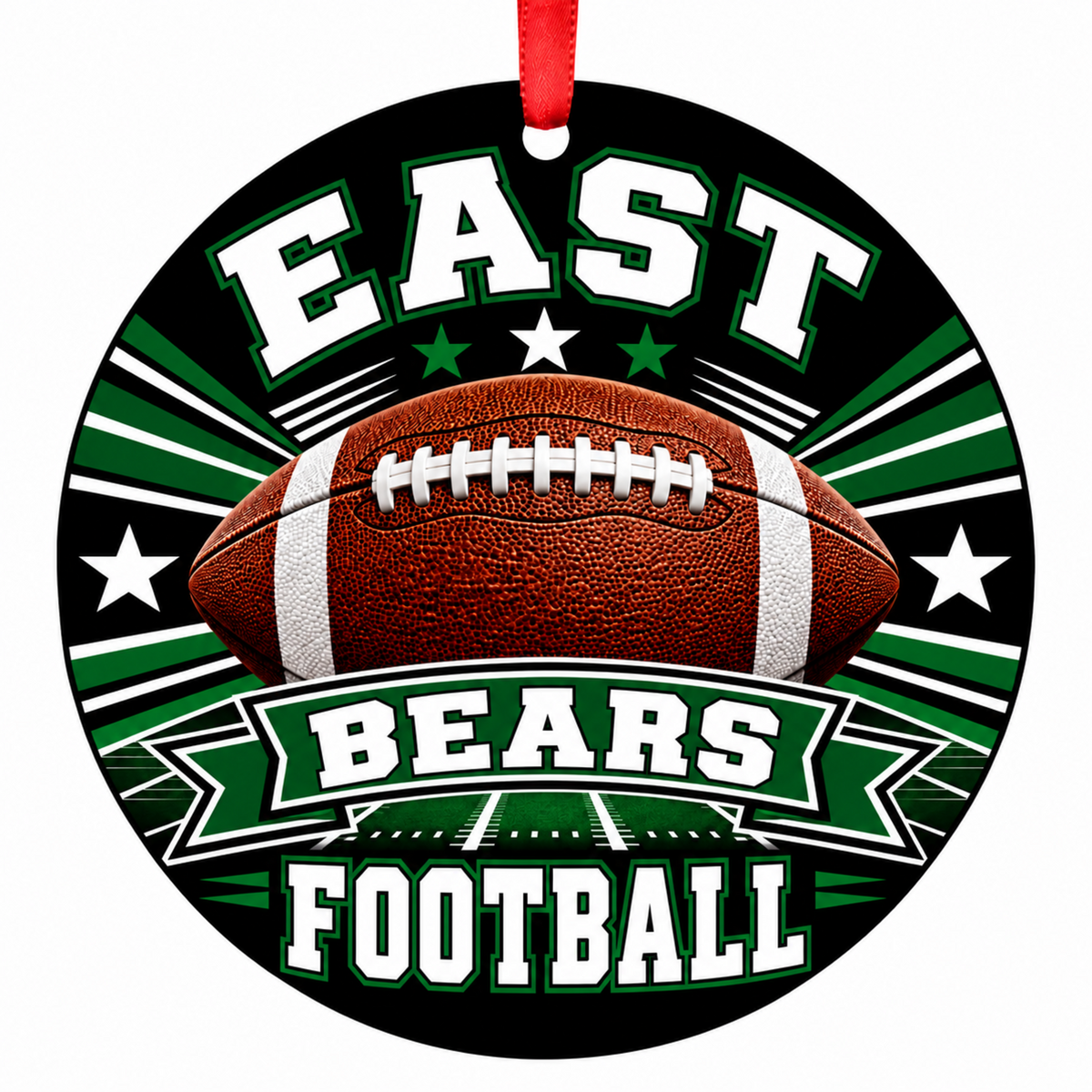 East High School Bears Classic Football Christmas ornament in black and forest green with red hanging ribbon