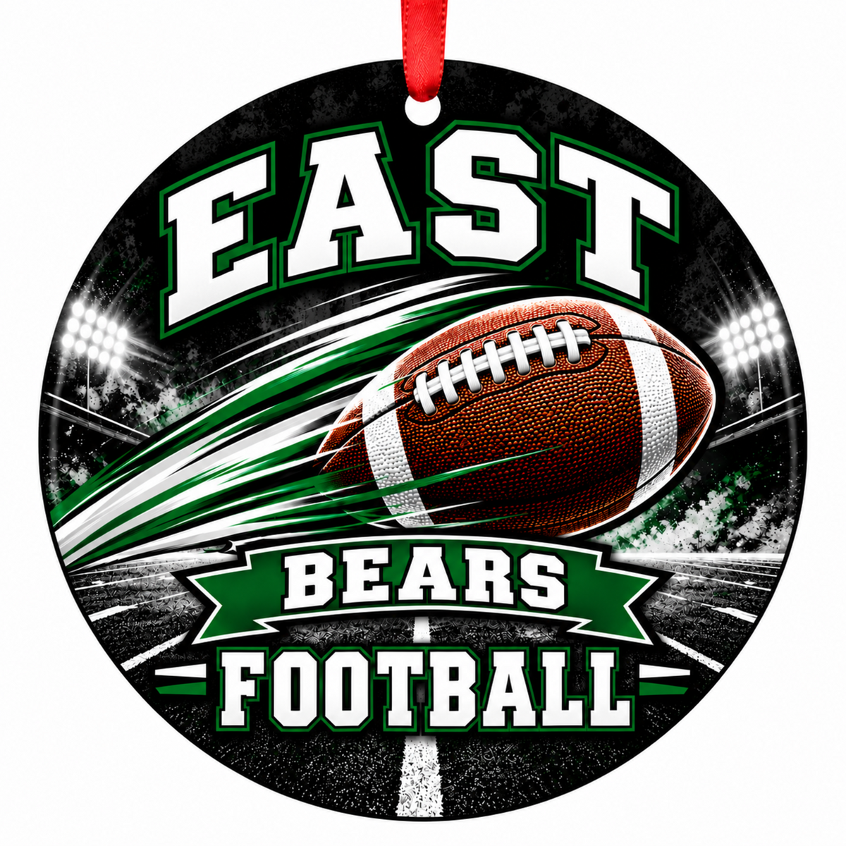 East High School Bears Football in Motion Christmas ornament in black and forest green with red hanging ribbon