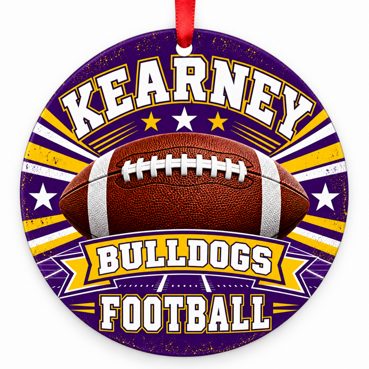 Kearney High School Bulldogs Classic Football Christmas ornament in purple and gold with red hanging ribbon