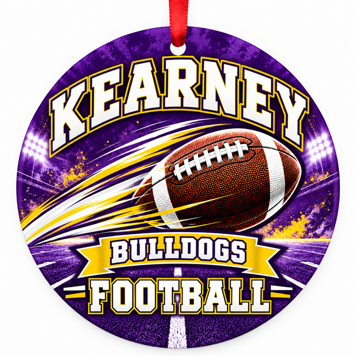 Kearney High School Bulldogs Football in Motion Christmas ornament in purple and gold with red hanging ribbon