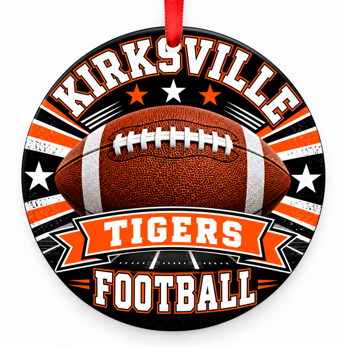 Kirksville High School Tigers Classic Football Christmas ornament in black and orange with red hanging ribbon
