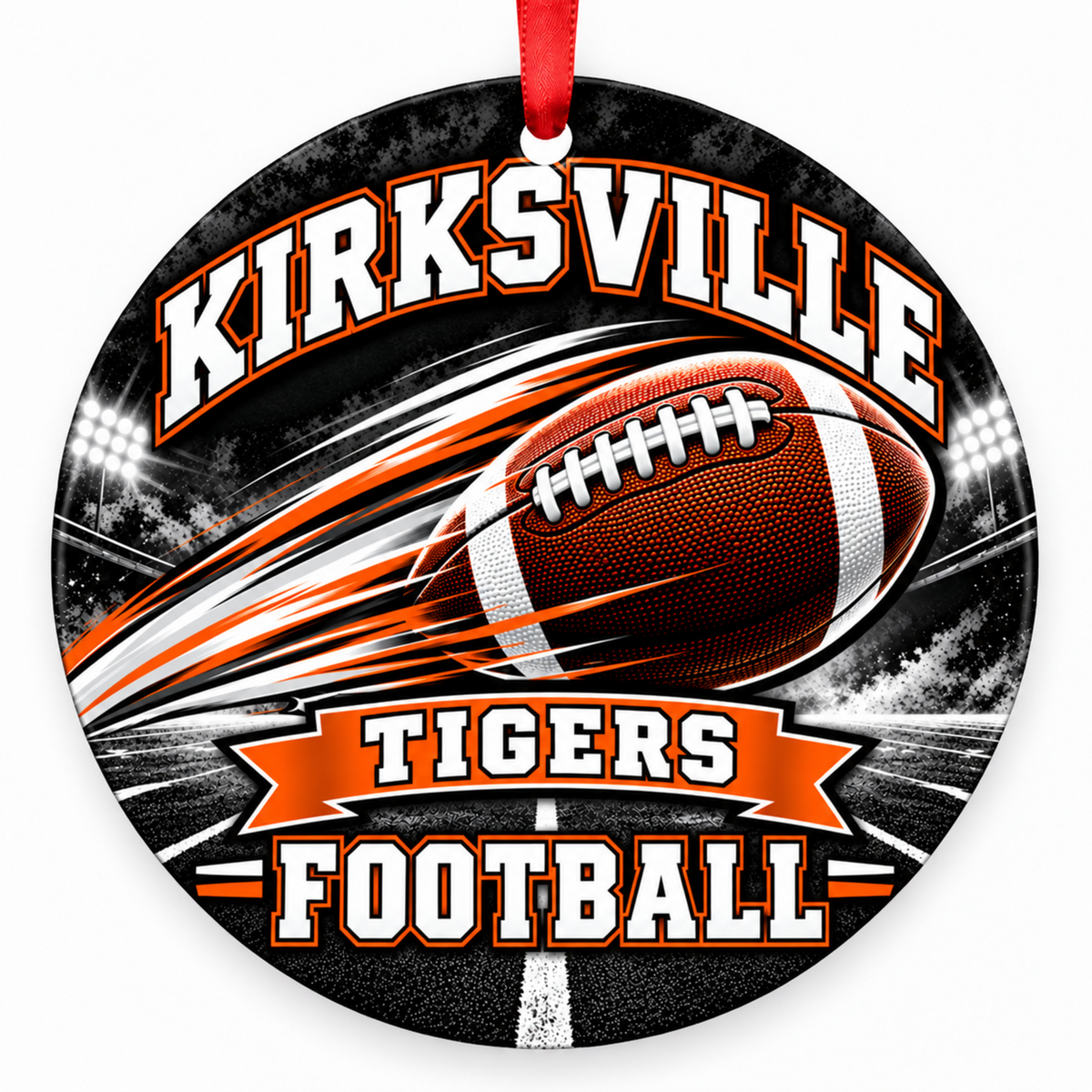 Kirksville High School Tigers Football in Motion Christmas ornament in black and orange with red hanging ribbon