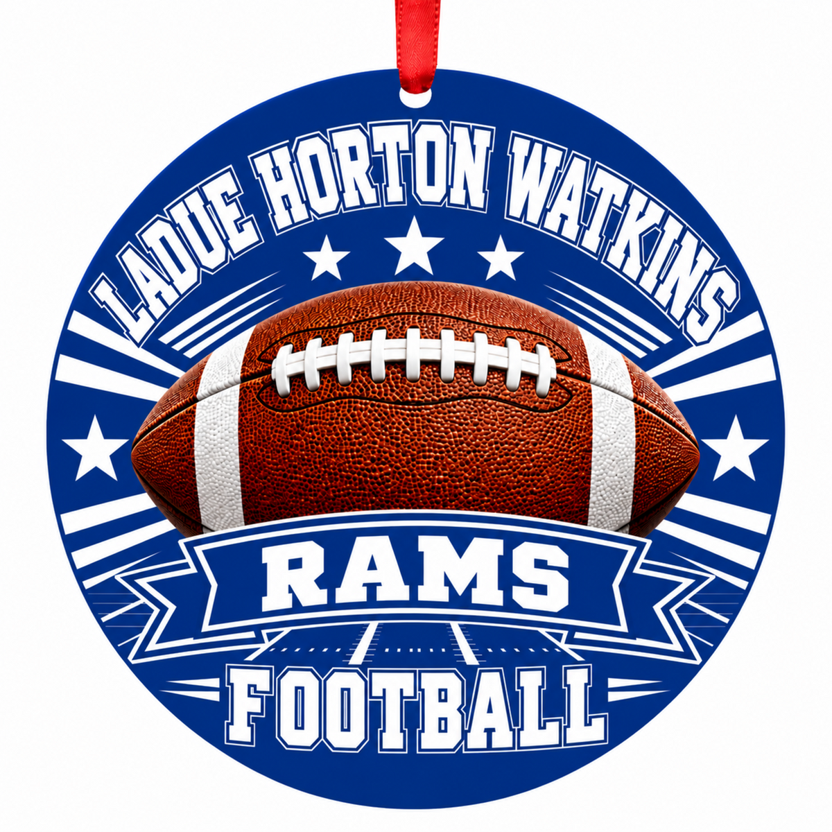 Ladue Horton Watkins Rams Classic Football 3-inch round Christmas ornament in blue and white with red ribbon, St. Louis Missouri