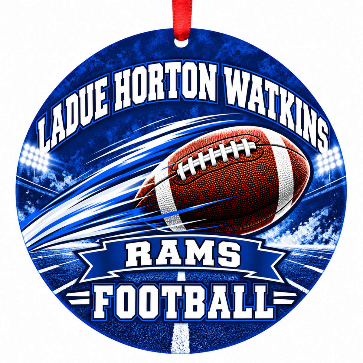 Ladue Horton Watkins Rams Football in Motion 3-inch round Christmas ornament in blue and white with red ribbon, St. Louis Missouri