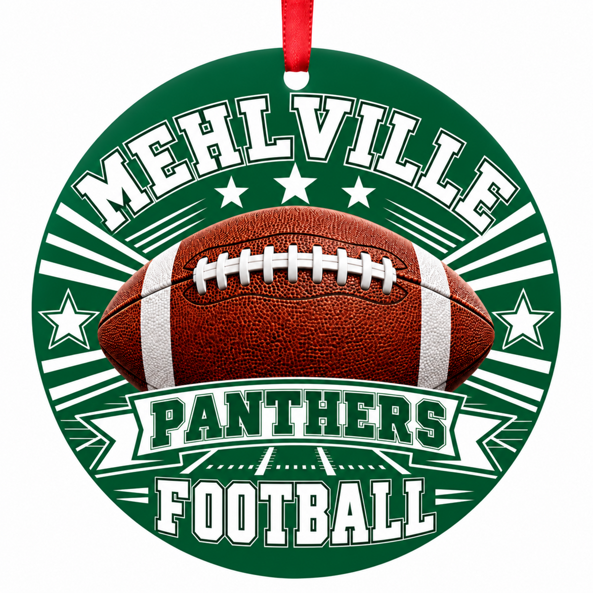 Mehlville Panthers Classic Football 3-inch round Christmas ornament in green and white with red ribbon, St. Louis Missouri