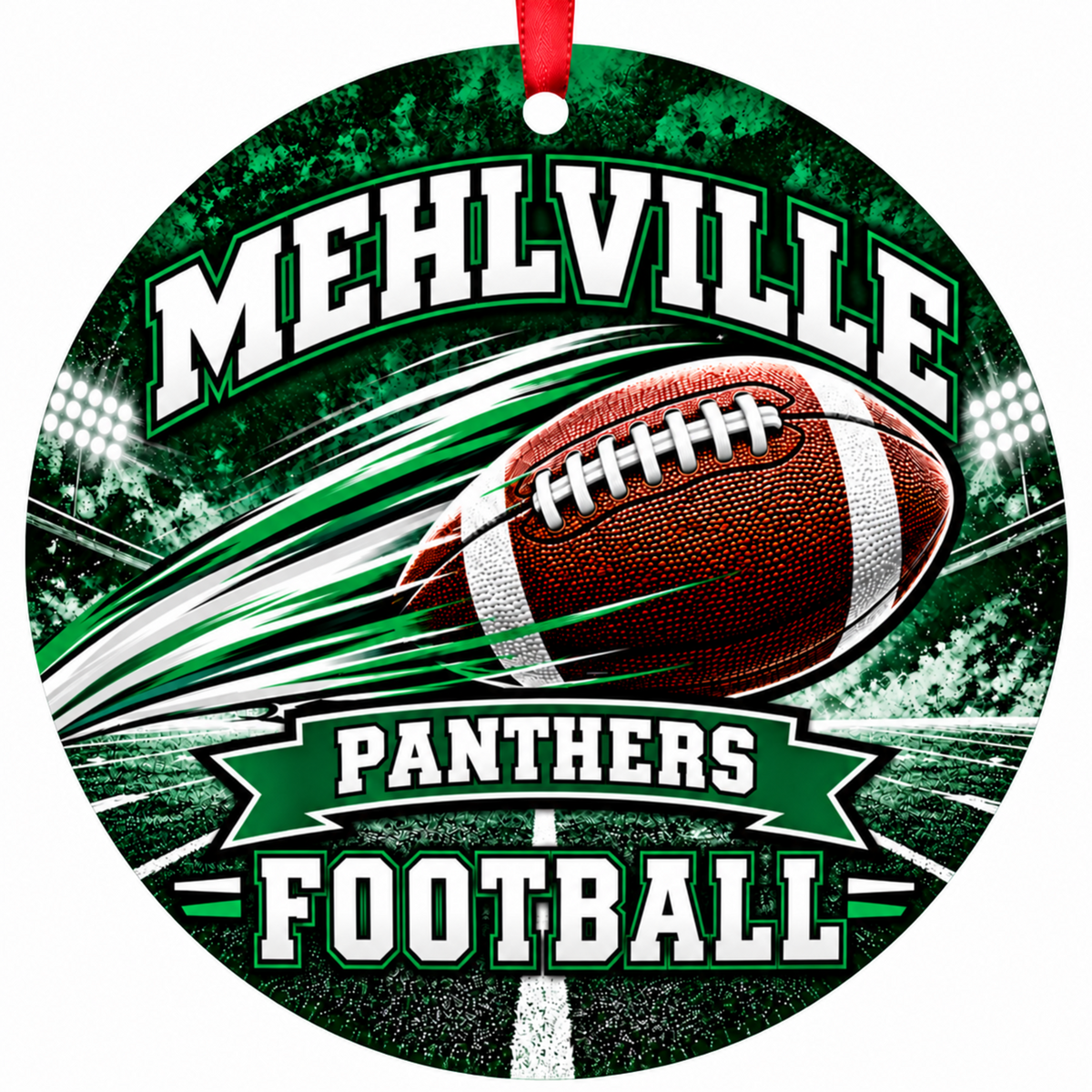 Mehlville Panthers Football in Motion 3-inch round Christmas ornament in green and white with red ribbon, St. Louis Missouri