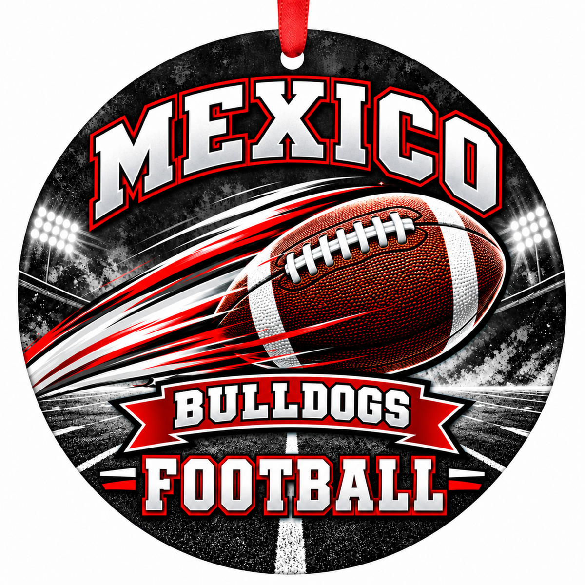 Mexico High Bulldogs Football in Motion flat round 3-inch ornament